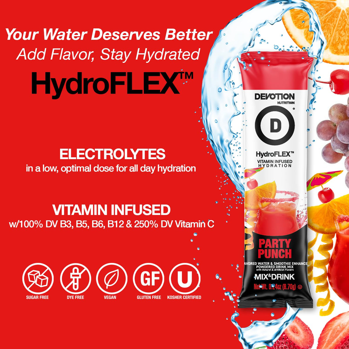 Front view of Devotion HydroFLEX packaging highlighting dye-free gluten-free formula