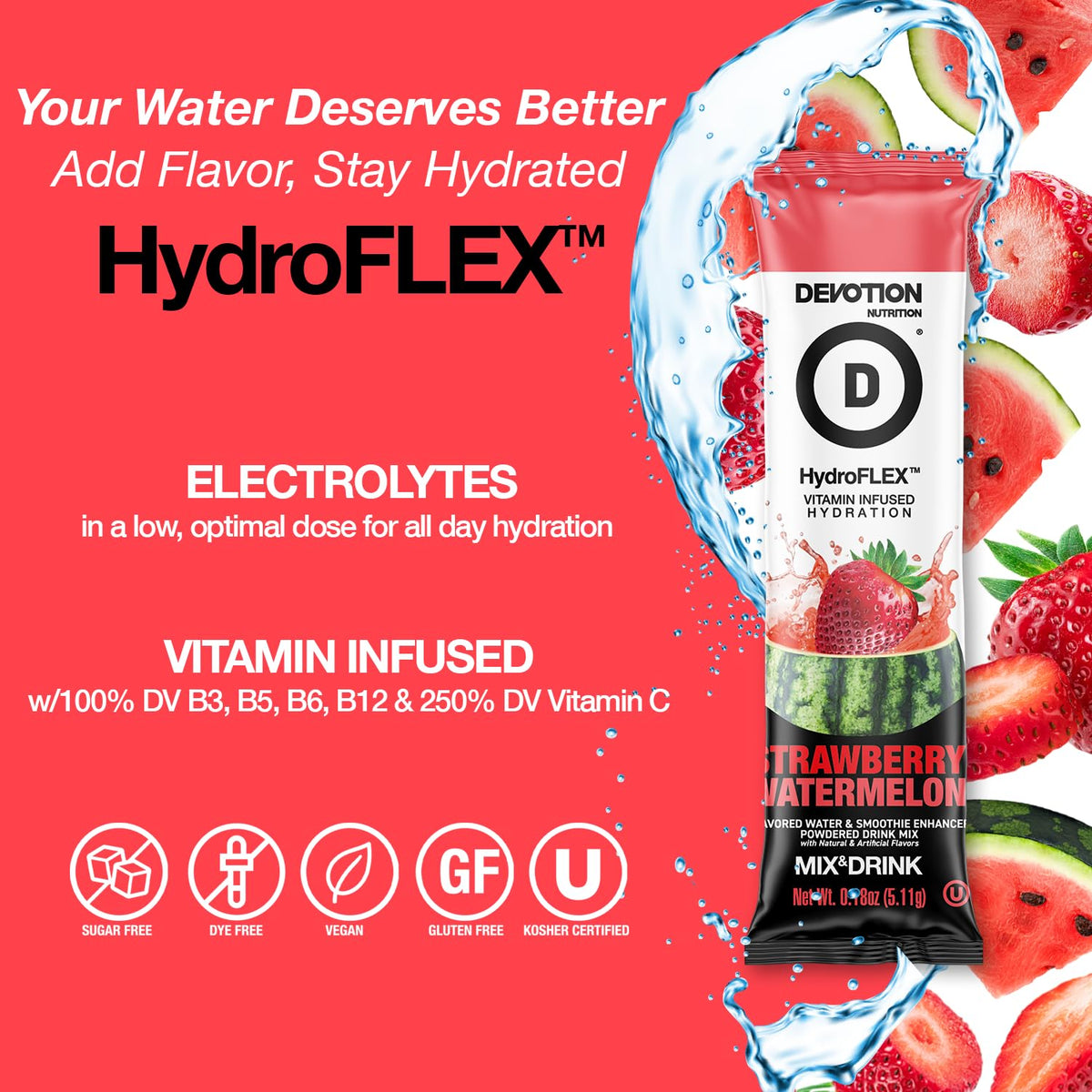HydroFLEX strawberry watermelon packet dissolving in water for flavor.