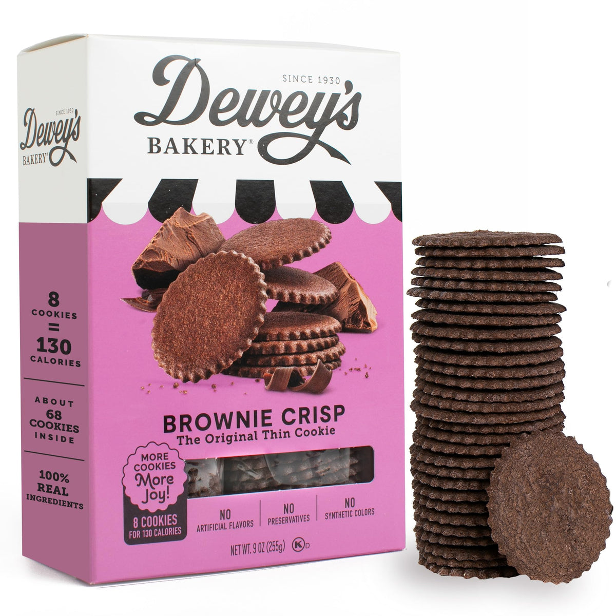 Dewey's Bakery Brownie Crisp Moravian Cookie Thins box, 9oz, ideal for on-the-go snacking.