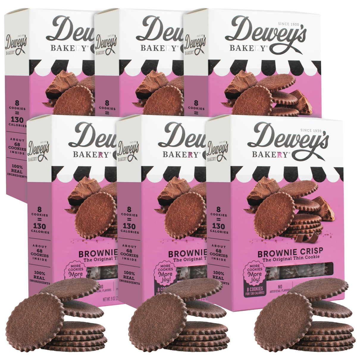 Dewey's Bakery Brownie Crisp Moravian Cookie Thins six-pack on a shelf for easy snacking