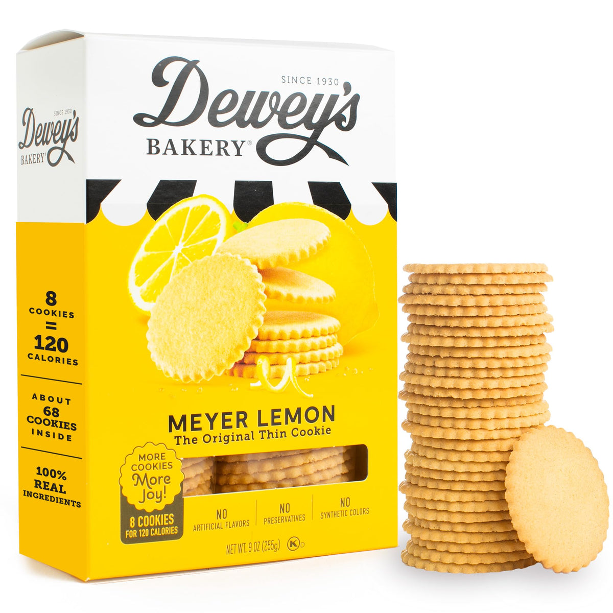 Dewey's Bakery Meyer Lemon Cookie Thins box front with bright lemon cues