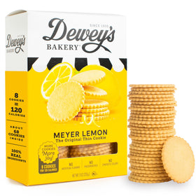 Dewey's Bakery Meyer Lemon Cookie Thins box front with bright lemon cues