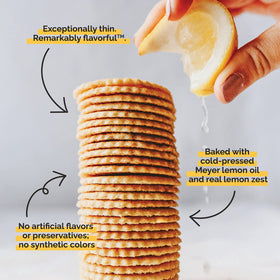 Dewey's Meyer Lemon Cookie Thins stack highlights slim, crispy texture