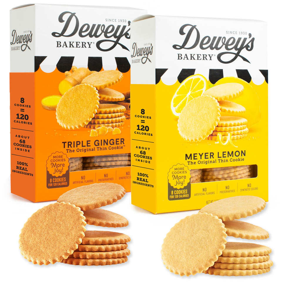 Dewey's Bakery Meyer Lemon cookies in a 9oz box, bright citrus aroma.