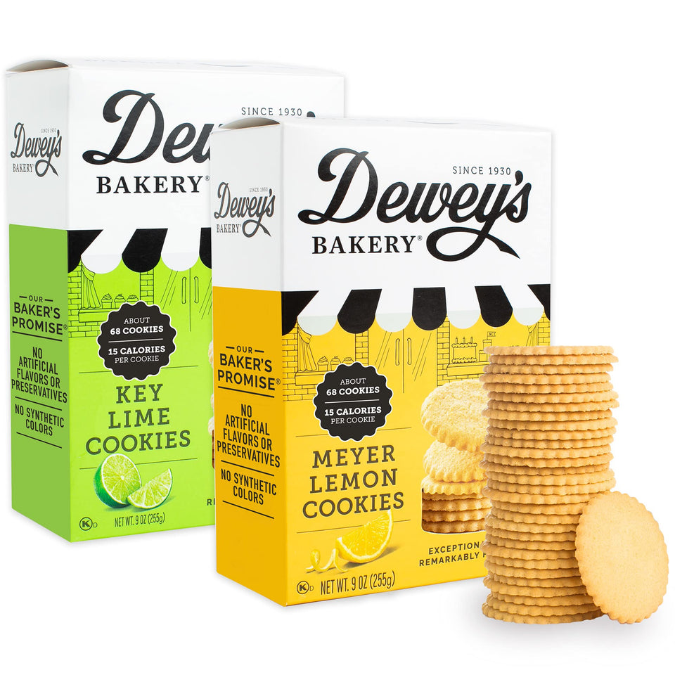 Dewey's Bakery Meyer Lemon thin cookies box with bright citrus flavor for a light snack