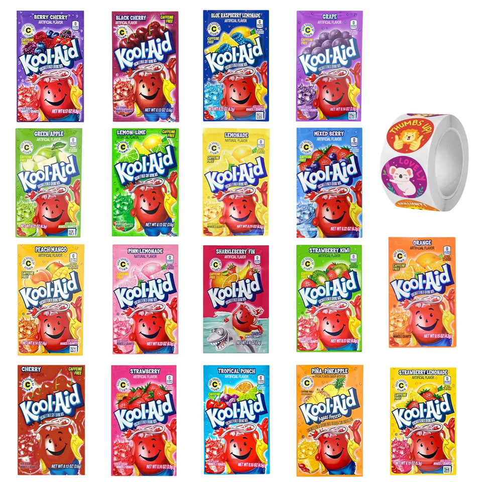 DF LUXURY Kool Aid 18-pack flavors display for party planning and on-the-go mixing