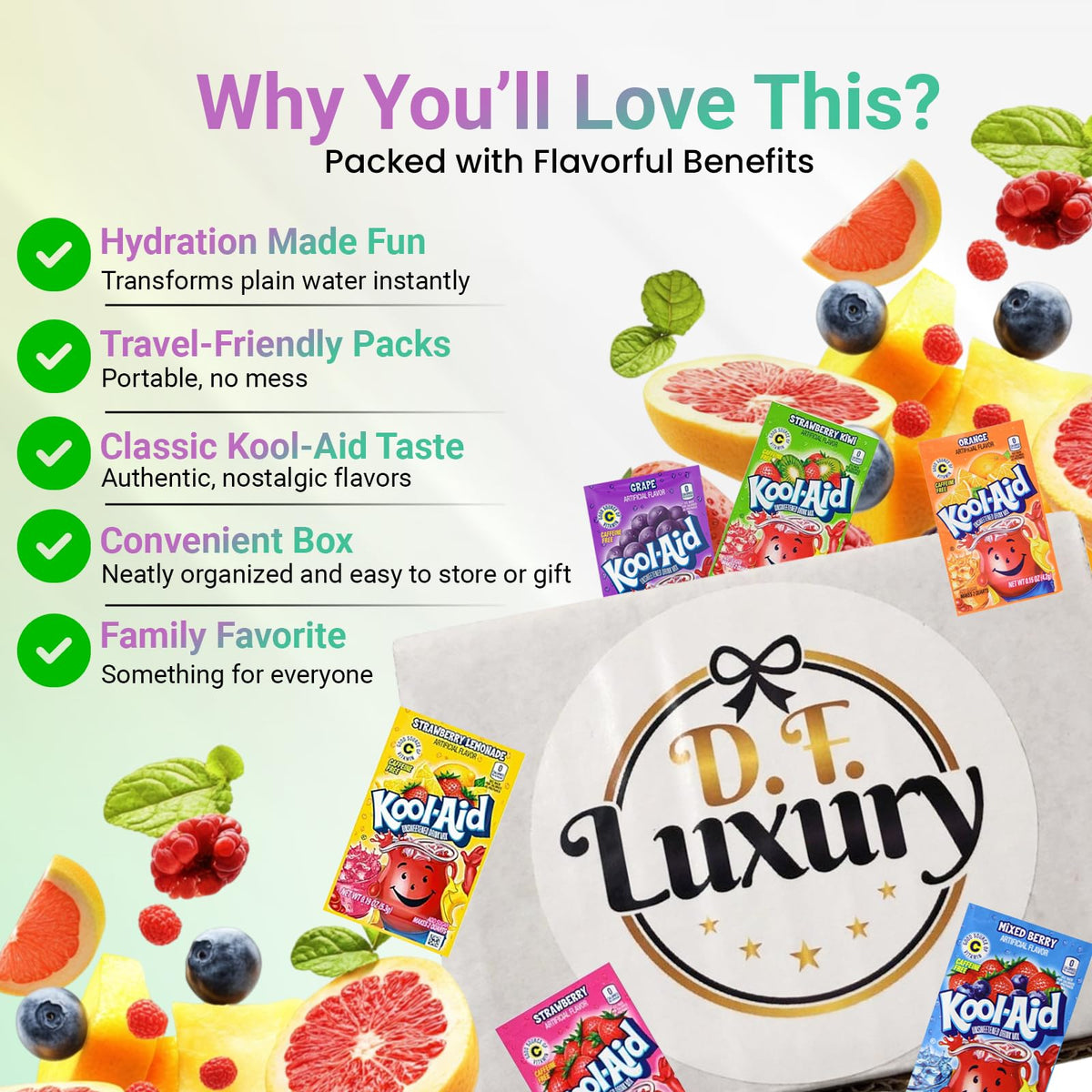 DF LUXURY Kool Aid packets ready with sugar and water for quick refreshment.