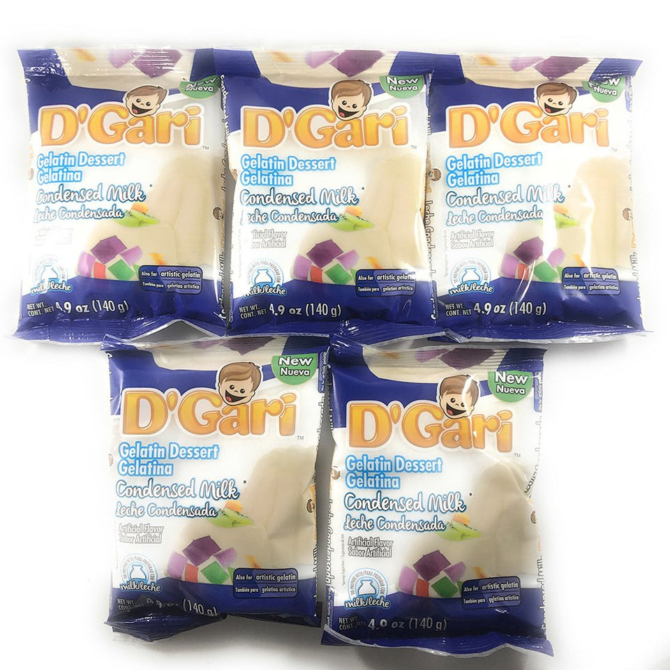 D'Gari gelatin dessert condensed-milk 5-pack box, convenient for quick treats.
