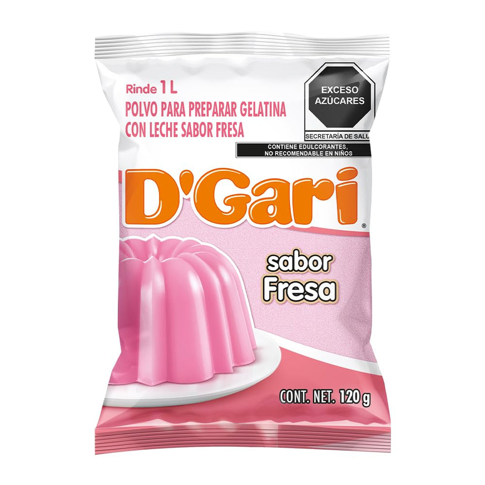 D'Gari strawberry gelatin packaging showing a quick dessert option.