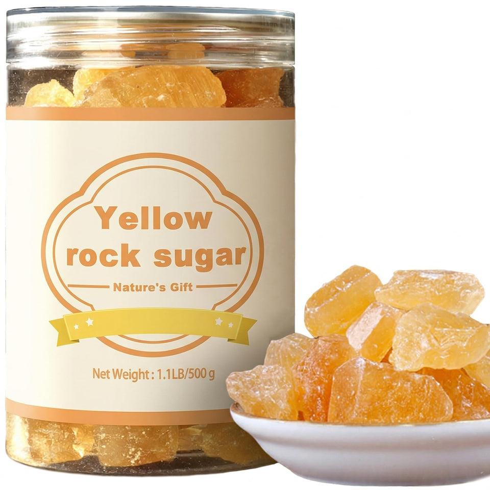 DGYLHBJ authentic yellow rock sugar jar closeup showing crystals for tea sweetness