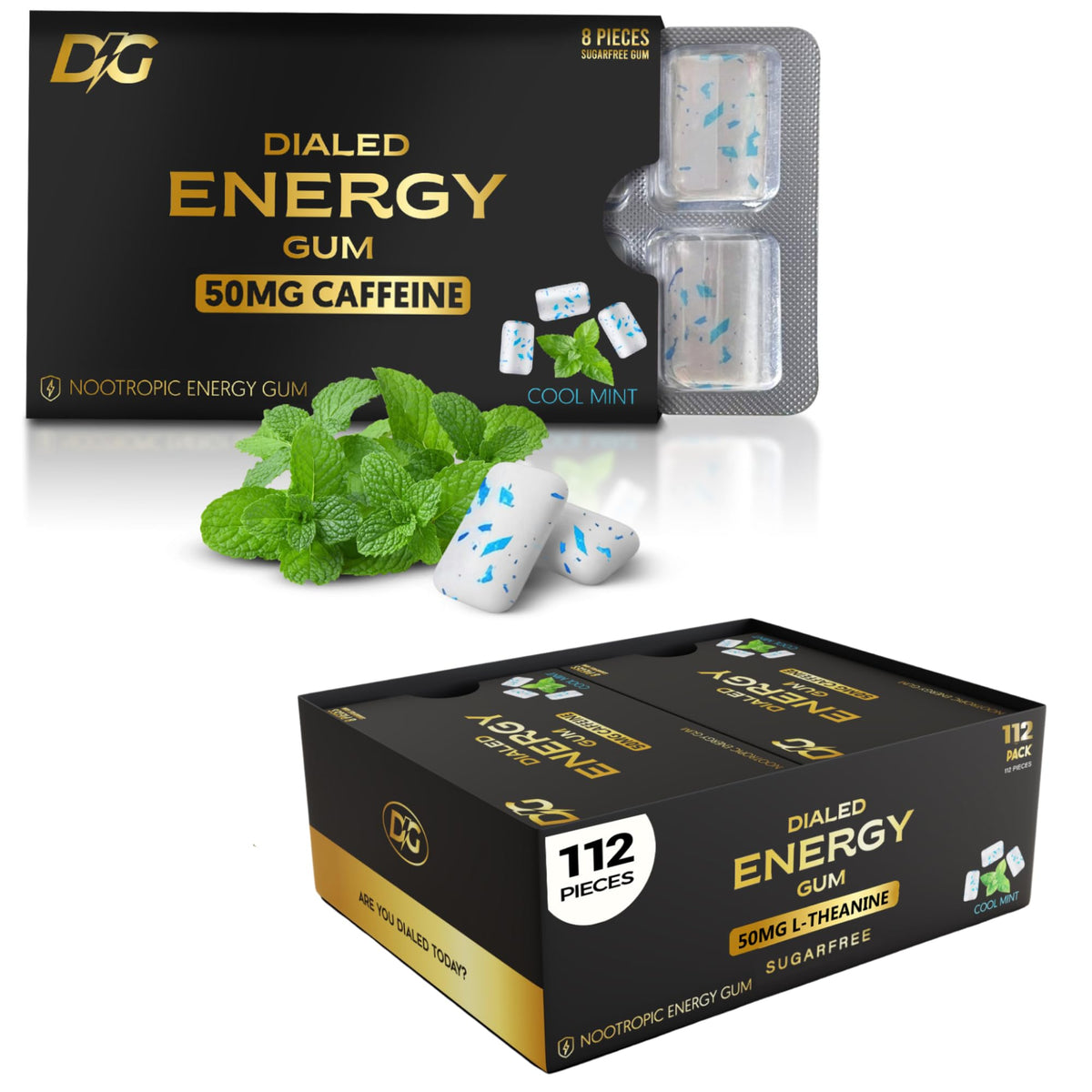 Dialed Energy Gum cool mint pack delivers 50mg caffeine for quick focus