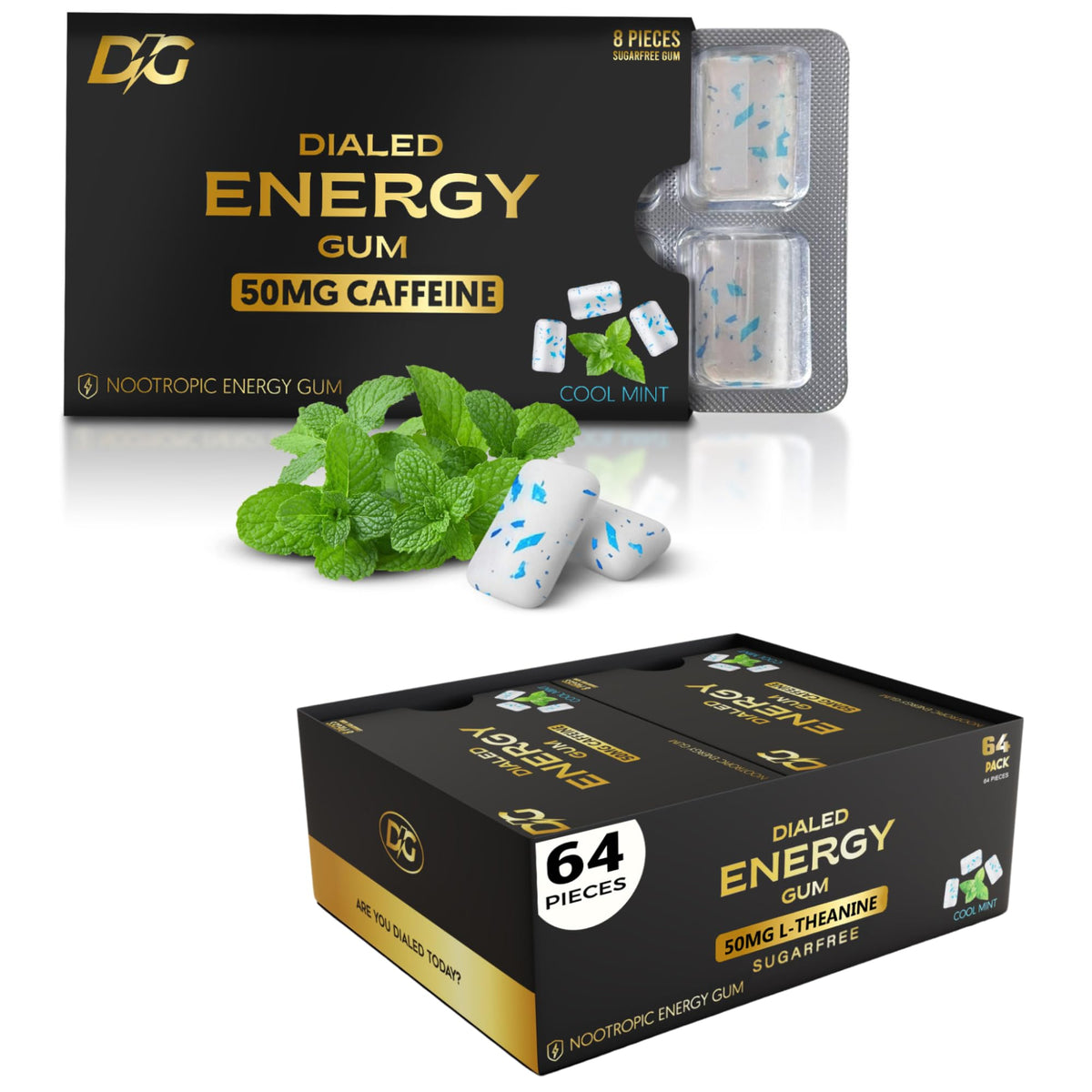 Dialed Energy Gum Cool Mint pack for quick energy on the go.