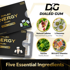 Dialed Energy Gum pack inside a compact travel sleeve.