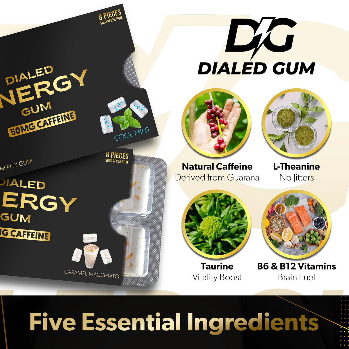 Dialed Energy Gum sugar free chew uses xylitol for a guilt free snack
