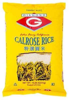 Diamond G Calrose Rice 15lb bag on kitchen counter, ideal for everyday meals.