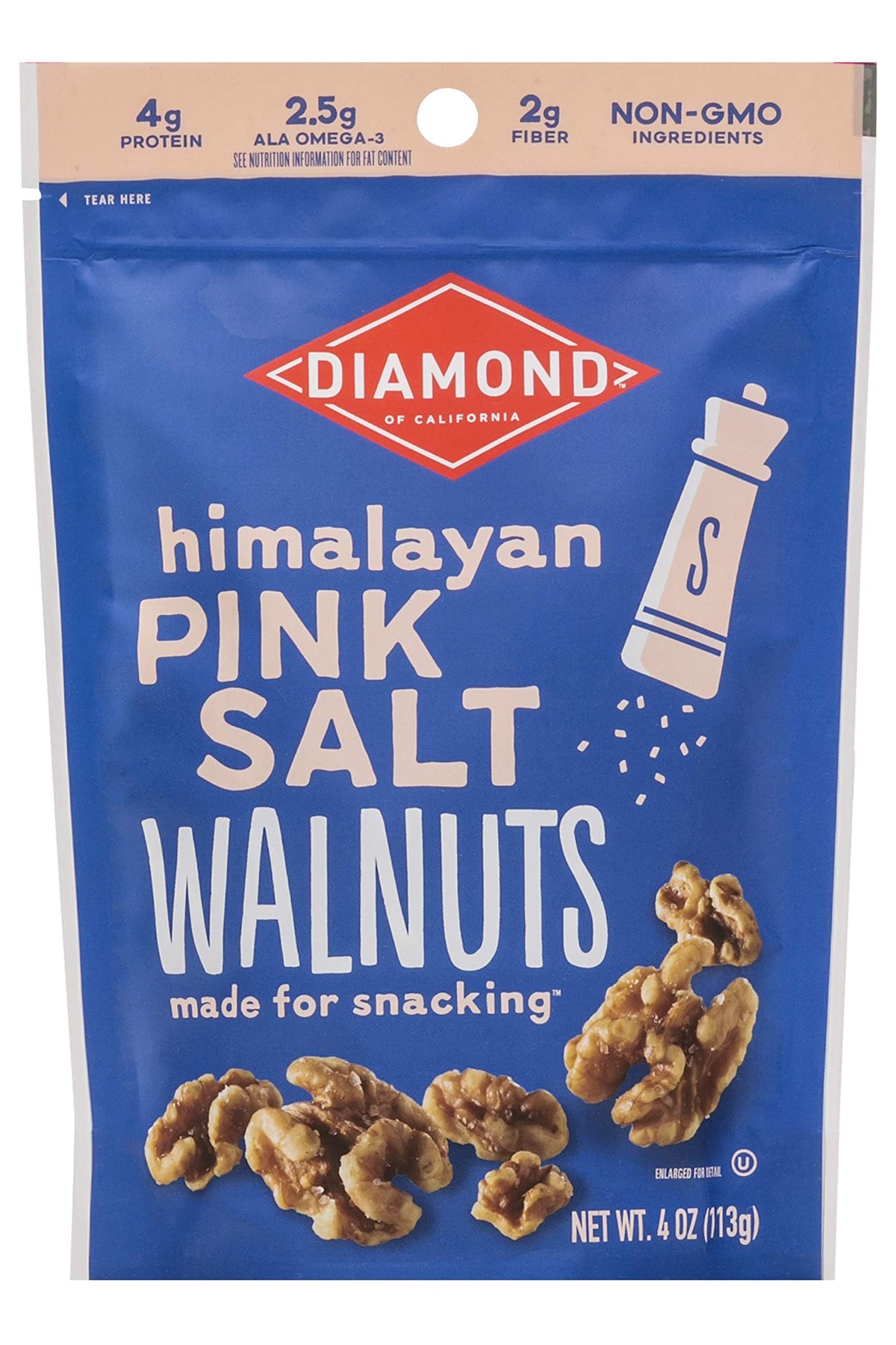 Diamond of California Himalayan pink salt walnuts in a 4oz pack, protein-rich snack.