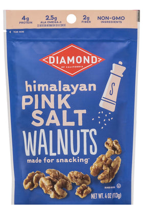 Diamond of California Himalayan pink salt walnuts in a 4oz pack, protein-rich snack.