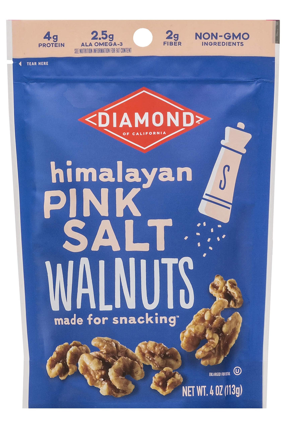 Diamond of California Himalayan pink salt walnuts in a 4oz pack, protein-rich snack.