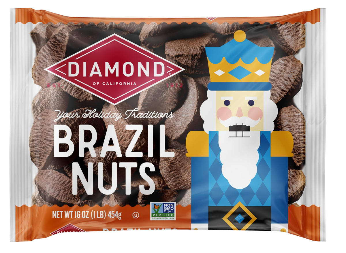 Diamond of California In-Shell Brazil Nuts 16 oz bag closeup suggests premium texture for snacking