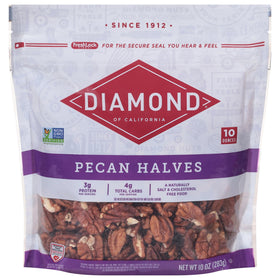 Diamond of California pecan halves 10oz packaging, ready to snack and enjoy.