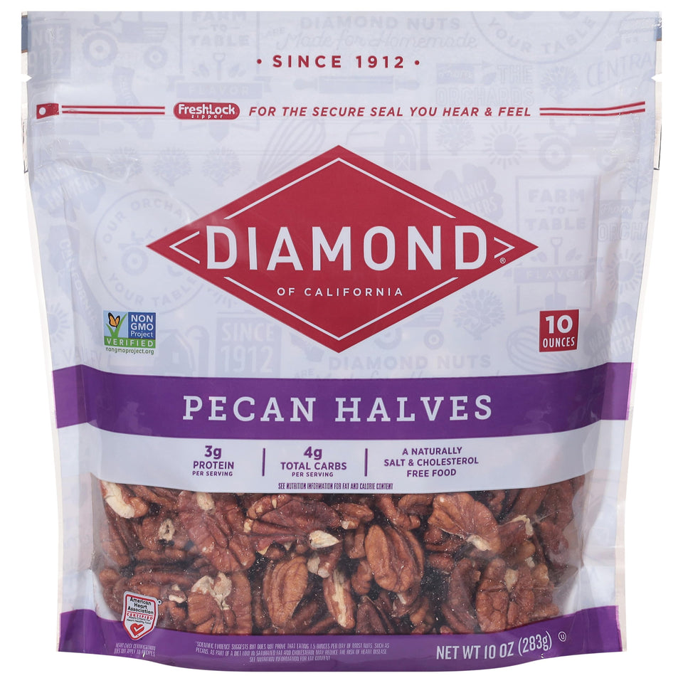 Diamond of California pecan halves 10oz packaging, ready to snack and enjoy.