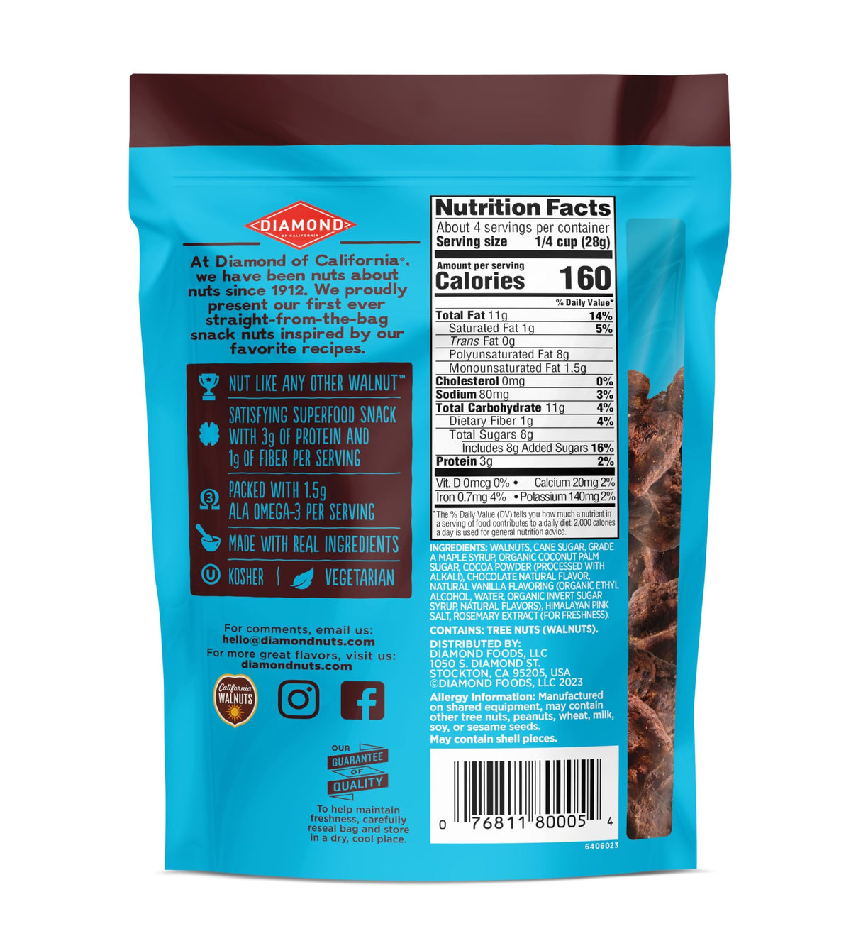 Diamond of California salted dark chocolate walnut snack nuts bag-front view for packaging.