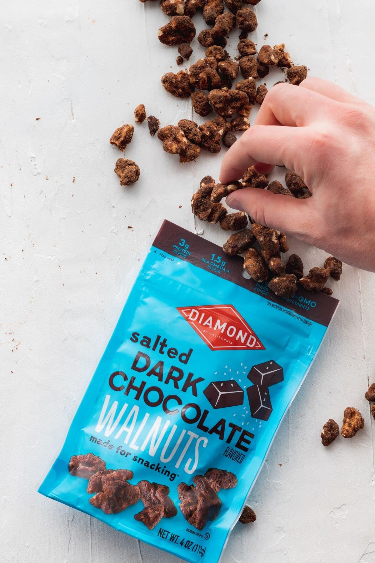 Diamond of California salted dark chocolate walnut snack nuts baking ingredient idea.