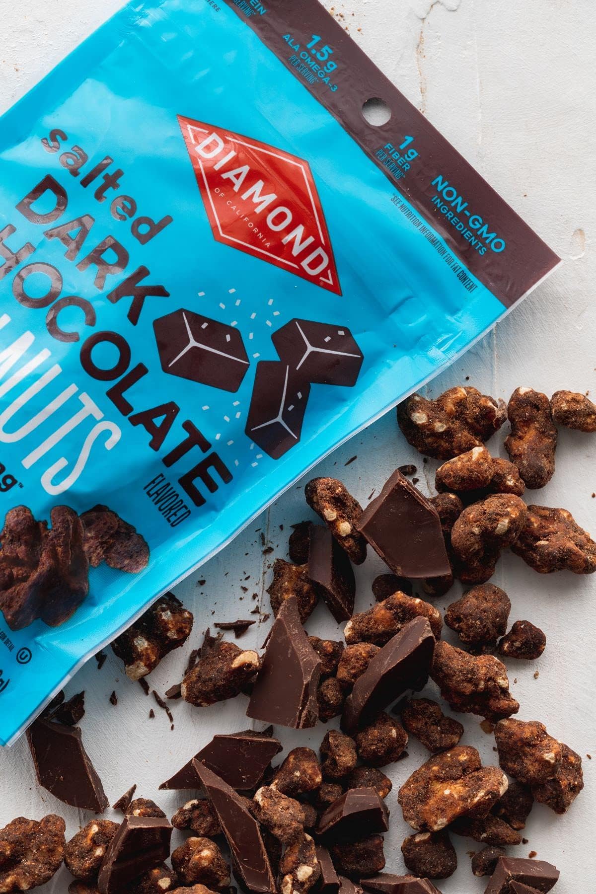 Diamond of California salted dark chocolate walnut snack nuts dessert topping option.