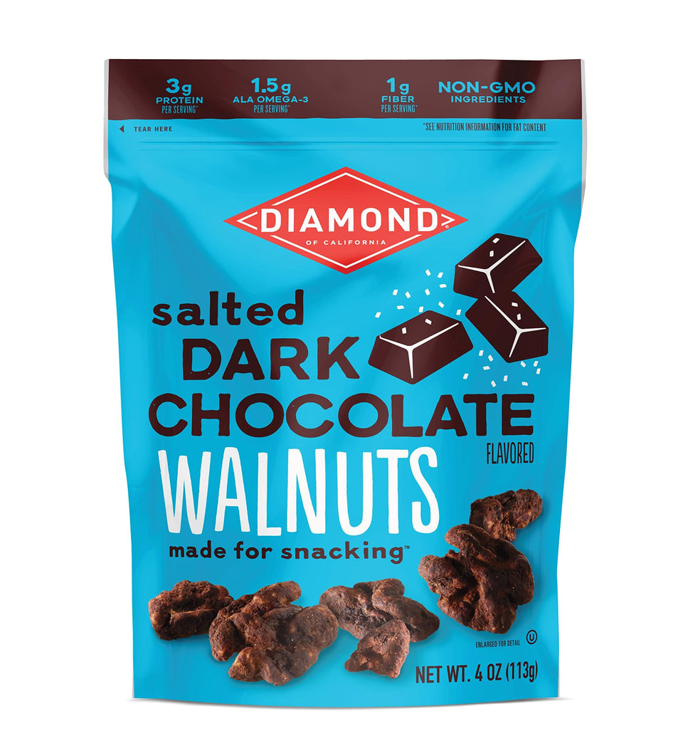 Diamond of California salted dark chocolate walnut snack nuts, hero image, ready to snack.