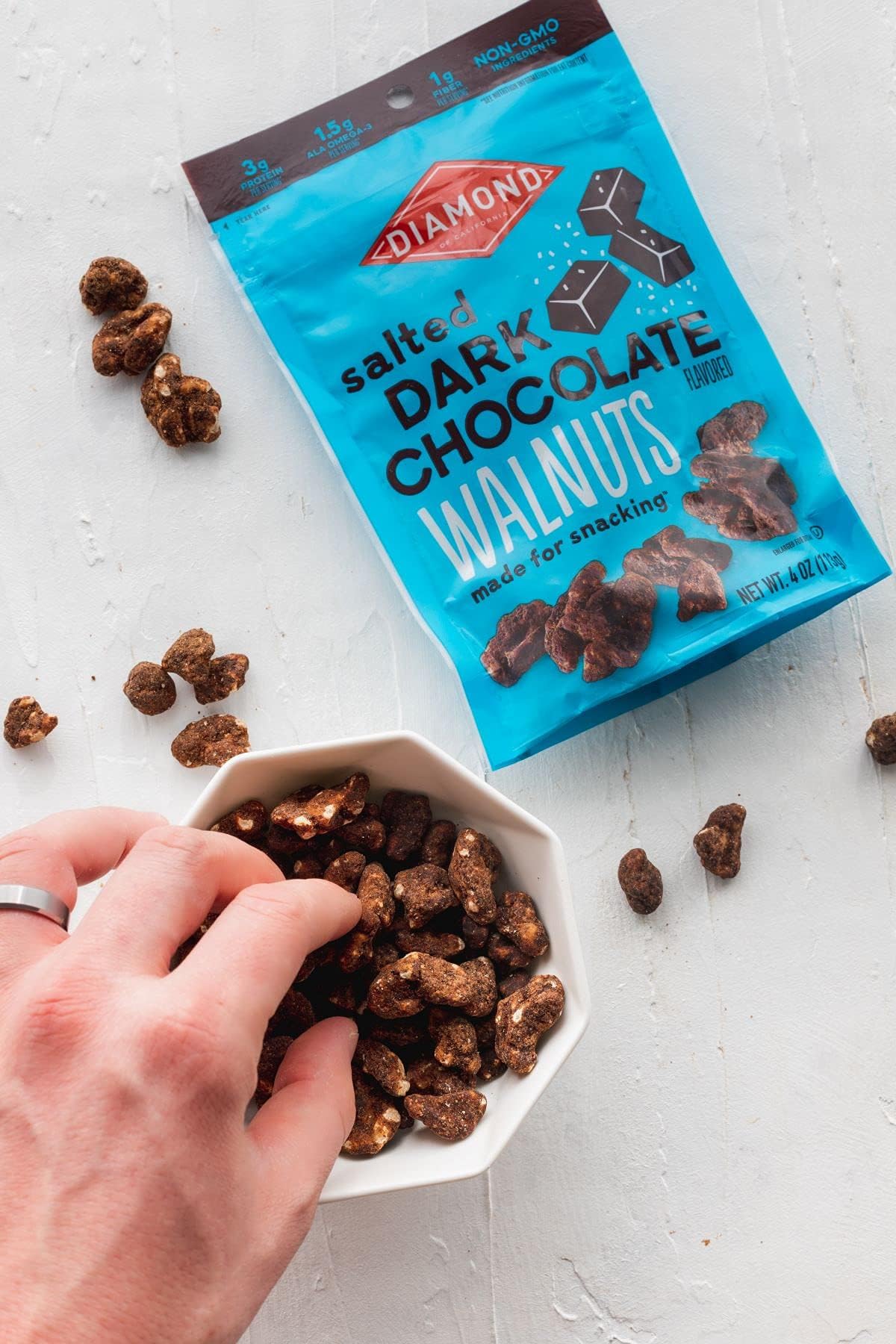 Diamond of California salted dark chocolate walnut snack nuts trail-mix inspiration.