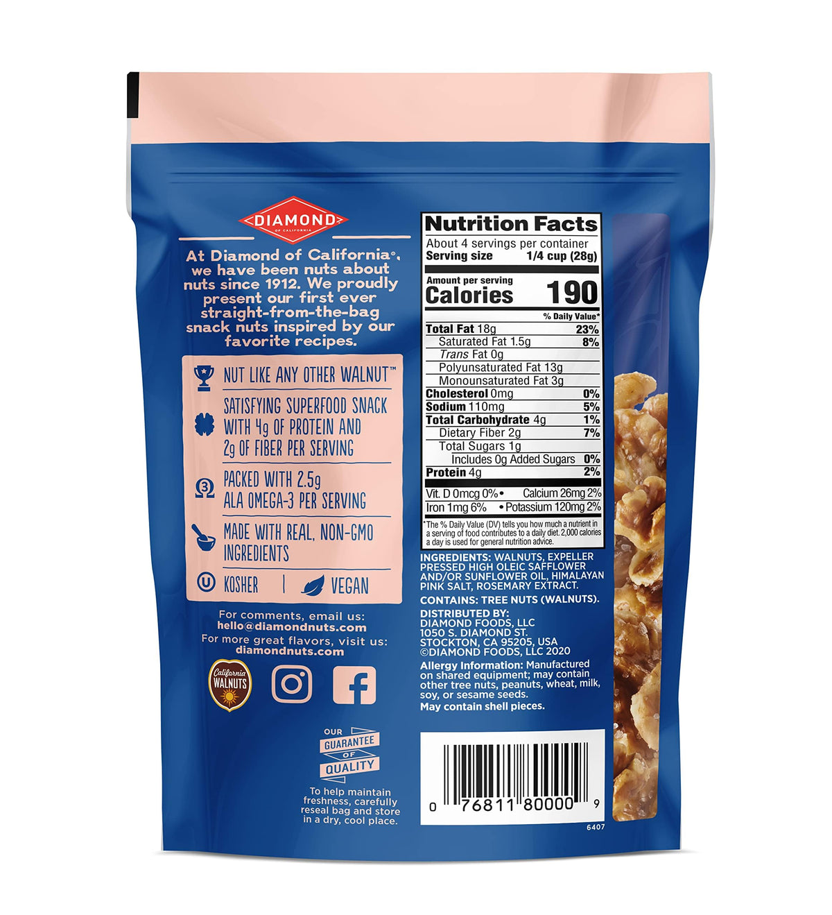 Diamond of California salted walnuts on a plate, ideal salad topper.