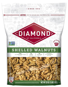 Diamond of California shelled walnuts halves and pieces for baking and snacking.