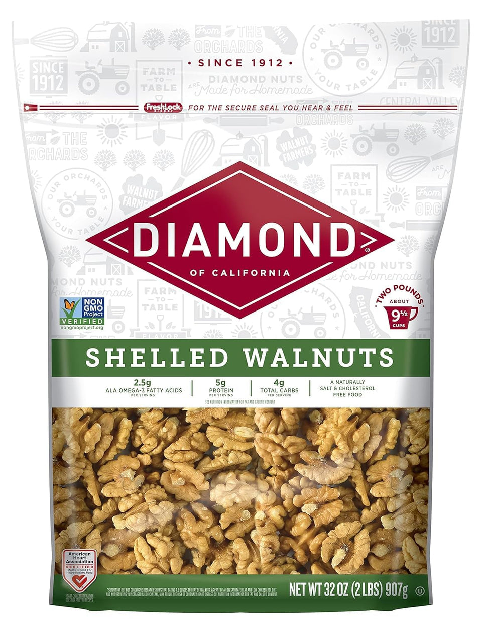 Diamond of California shelled walnuts halves and pieces for baking and snacking.