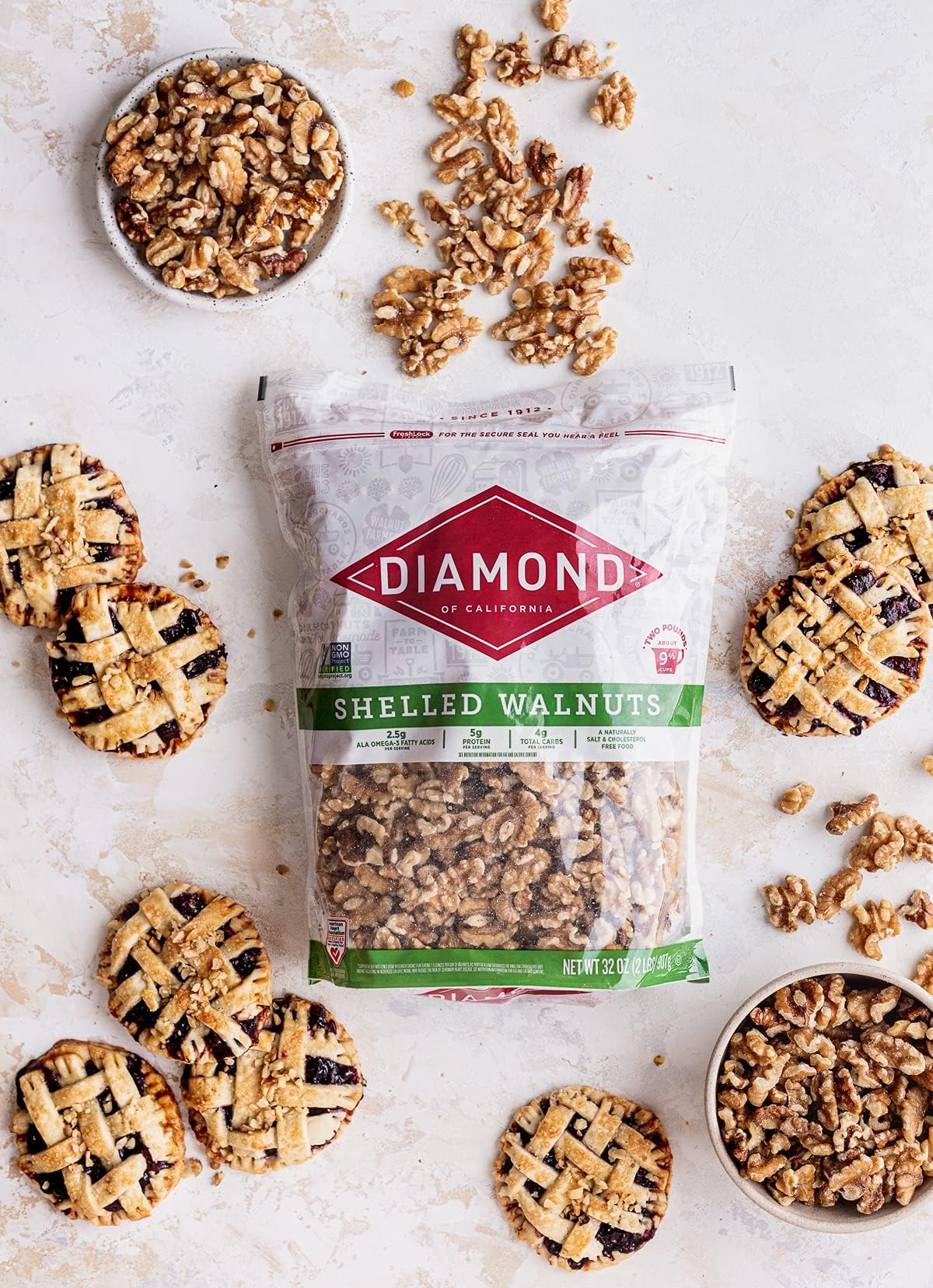 Diamond of California walnuts as dessert topping with crunch and rich flavor.