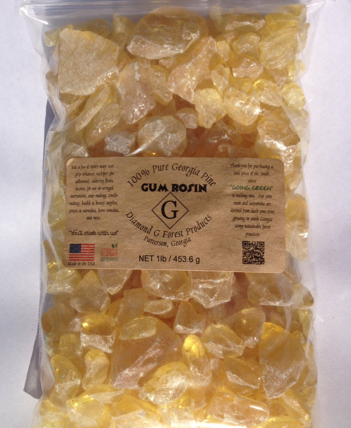 Diamond pine gum rosin 1lb pack, a versatile tackifier for crafts and adhesives.