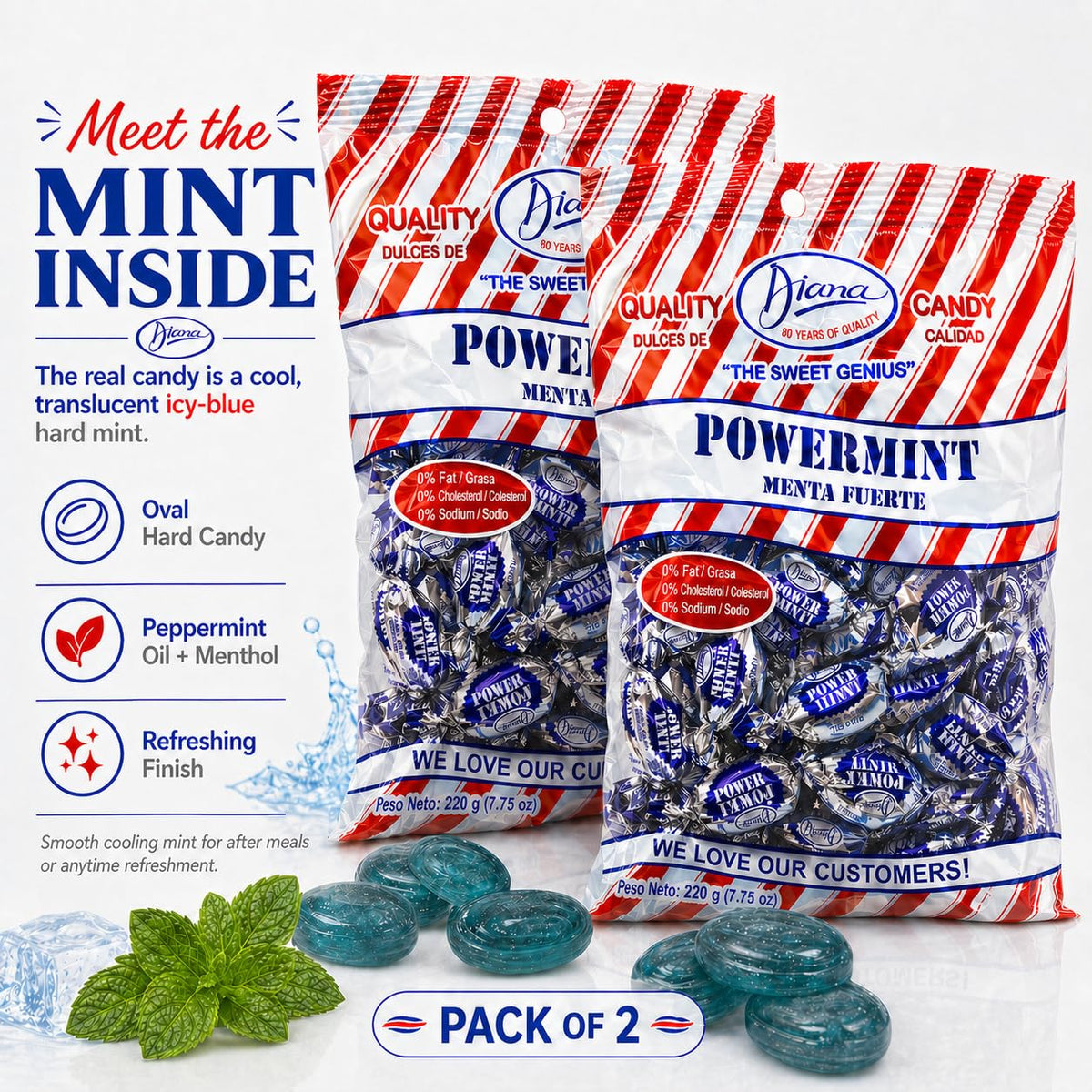 Diana Power Mint close-up shows the strong mint flavor.