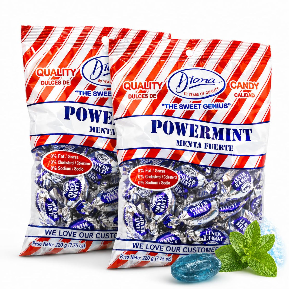 Diana Power Mint pack front, 220g pouch for on-the-go freshness.