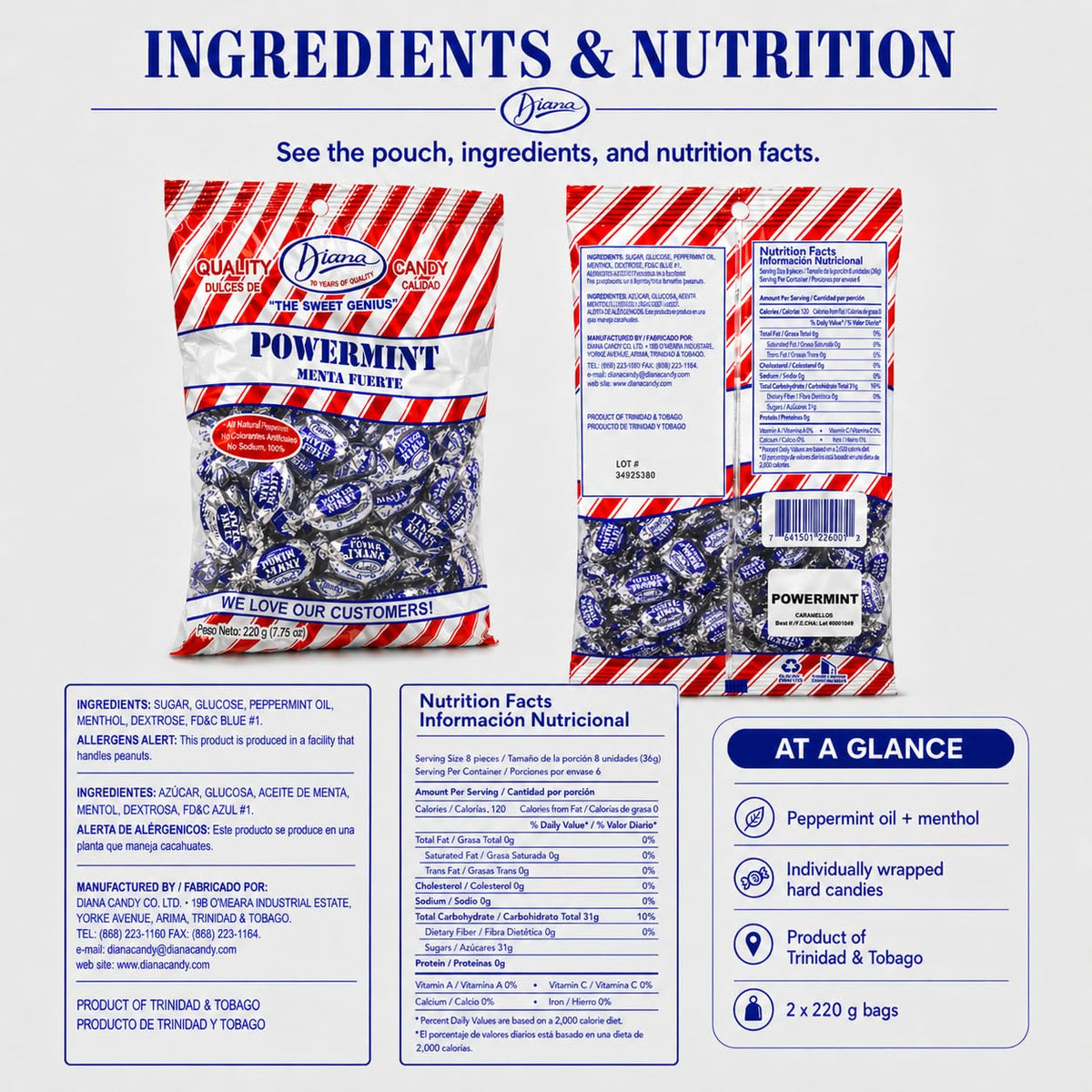 Diana Power Mint hard candy texture delivers refreshing mouthfeel.