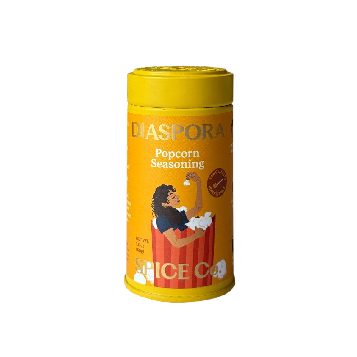 Diaspora Co popcorn seasoning tin with chili and garlic for bold flavor