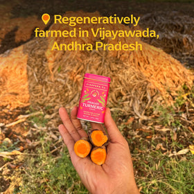 Diaspora Co Pragati turmeric in golden milk cup suggests daily nourishment