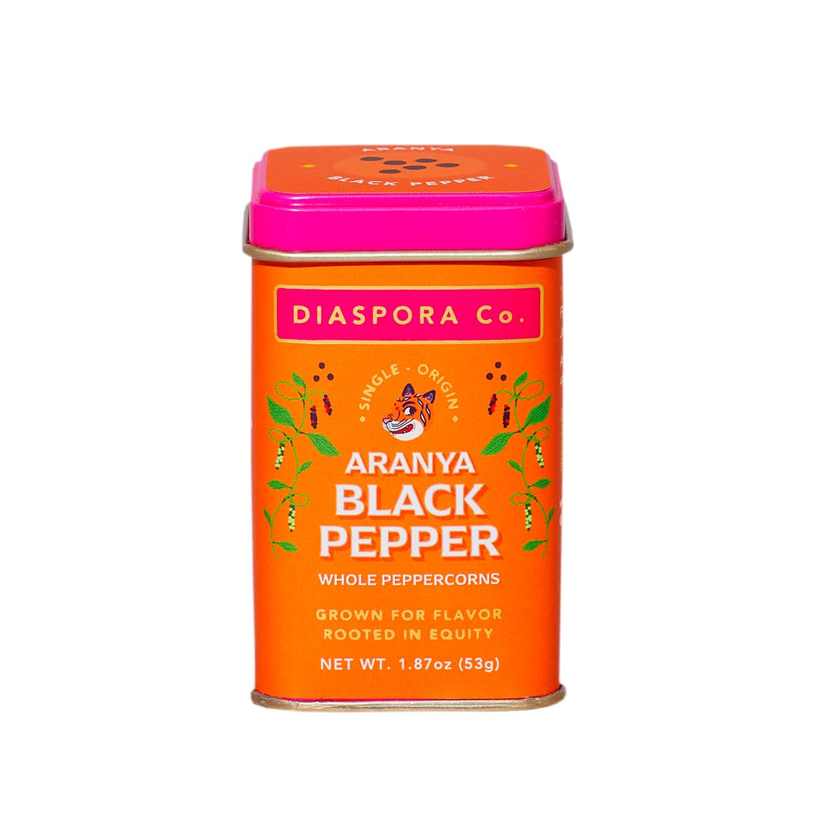 Diaspora Spice Co Aranya black peppercorns from Kerala with bold aroma for fresh grinding.