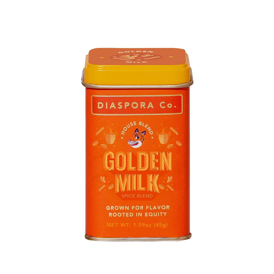 Diaspora Spice Co. Golden Milk Blend bottle highlighting single-origin spices for golden lattes at home