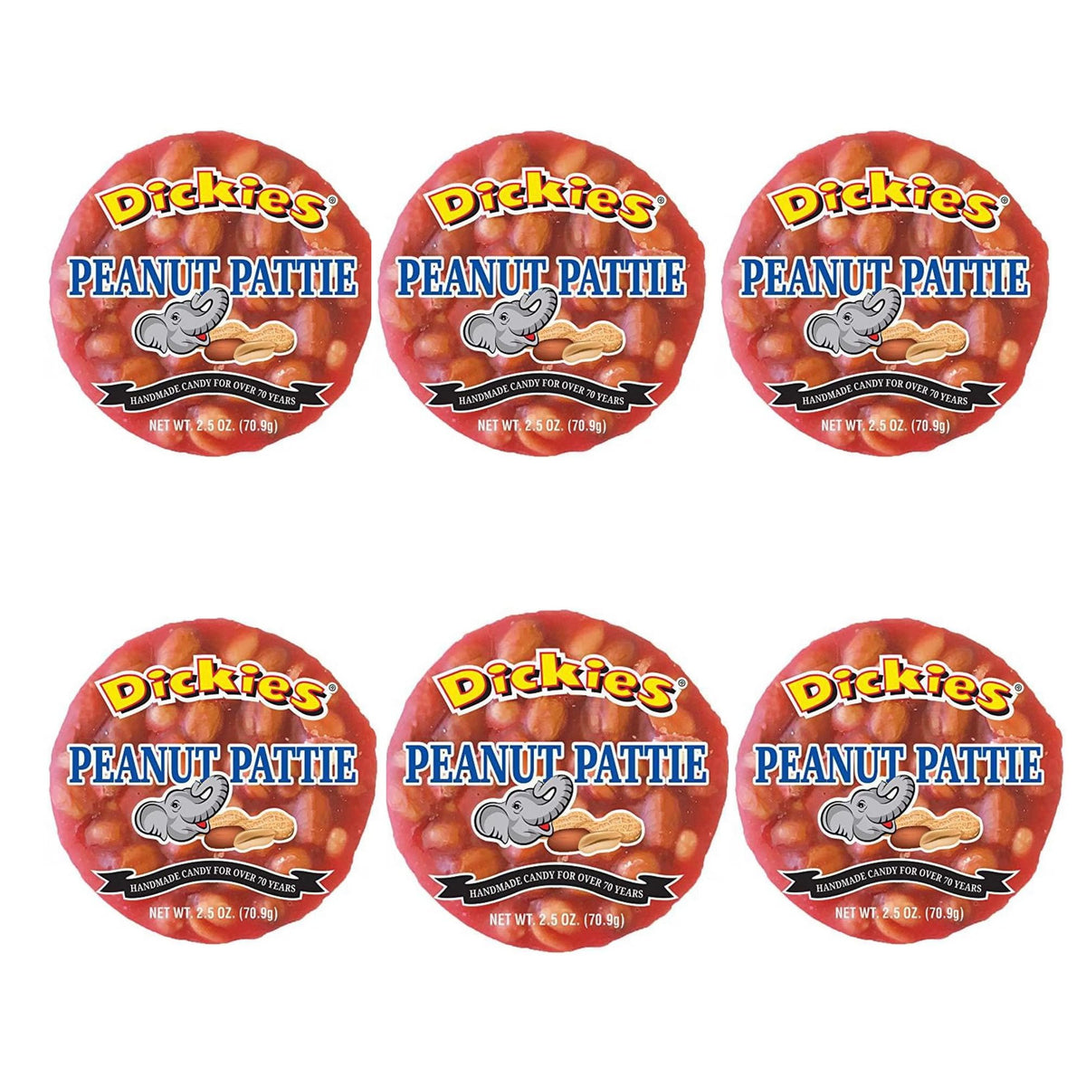 Dickies Peanut Patties 6ct package front view, nostalgic pink candy with peanuts.