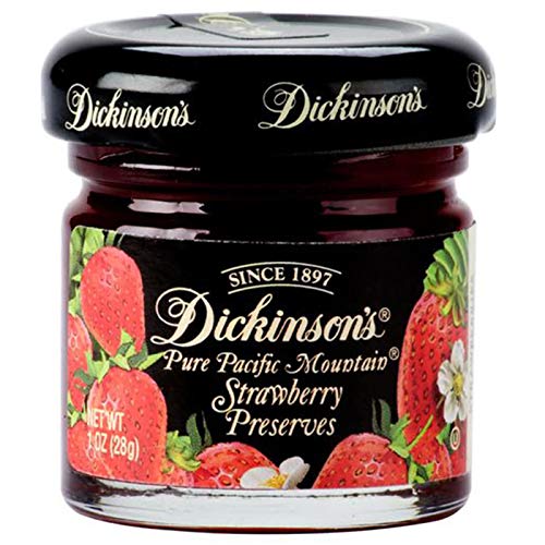 Dickinson's Pure Pacific Mountain Strawberry Preserves jar front, ideal for refined breakfasts and brunches.
