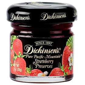 Dickinson's Pure Pacific Mountain Strawberry Preserves jar front, ideal for refined breakfasts and brunches.