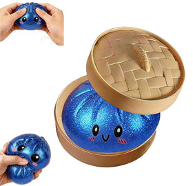 DICSINM Glitter Dumpling Squishy blue with steamer, a playful desk companion.