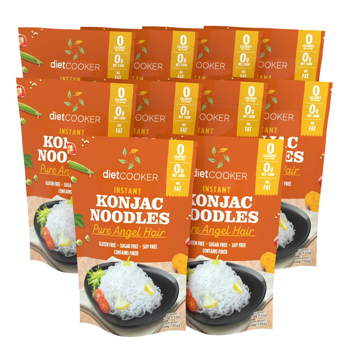 DIET COOKER Shirataki Noodles packaging, angel hair, zero net carbs for keto diets.