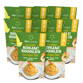 DIET COOKER Shirataki noodles packaging shows odor-free konjac pasta for keto meals.