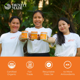 Dignity Coconuts coconut oil hair application, moisturizes and strengthens hair naturally.