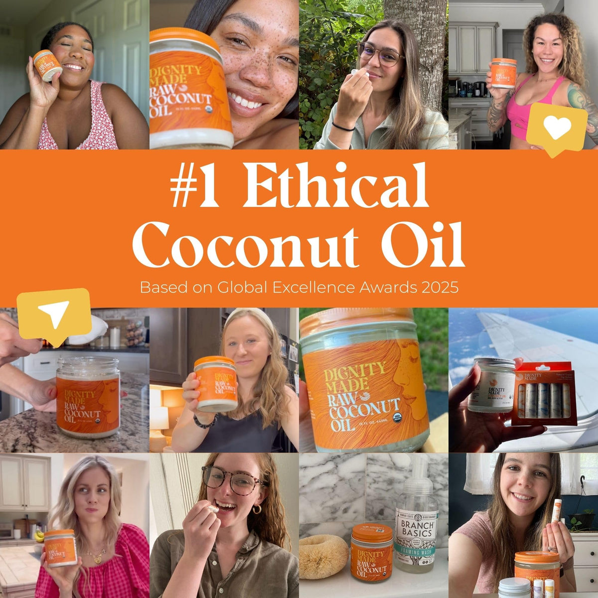 Dignity Coconuts fair-trade label indicating ethical sourcing and community impact.